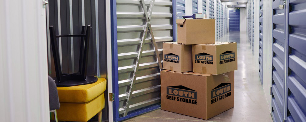 Boxes and items displayed outside the storage unit