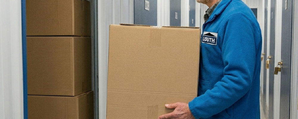 A mover carrying a moving box into a storage unit