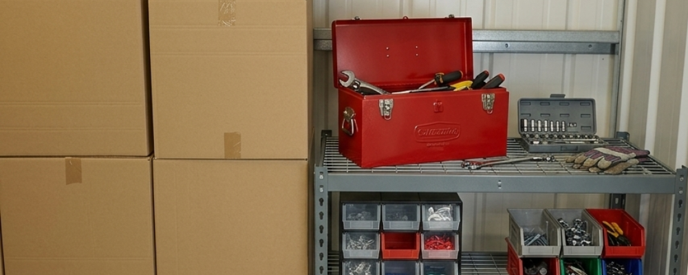 Tools neatly arranged in a self storage unit at Louth, using a variety of storage boxes