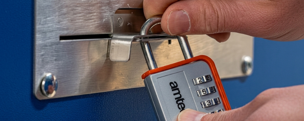 A customer using a secure padlock to lock their indoor storage unit