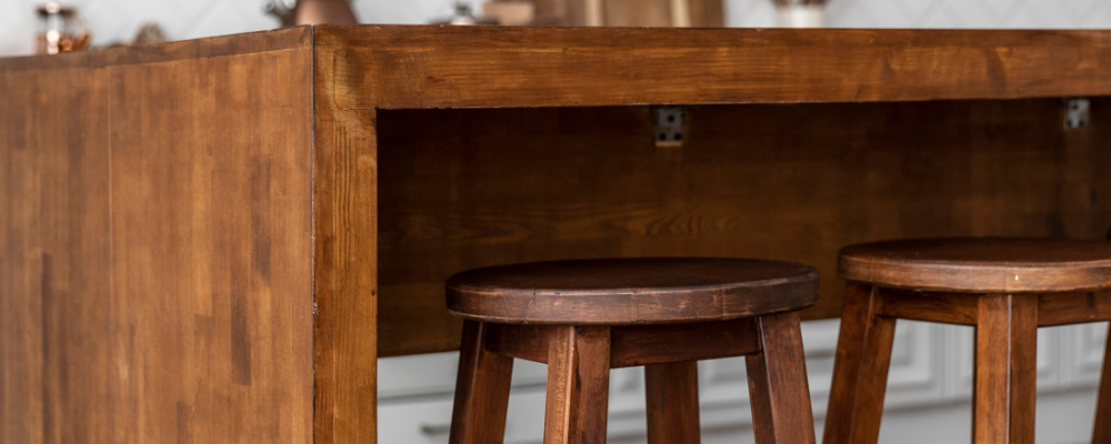 A wooden table and chairs