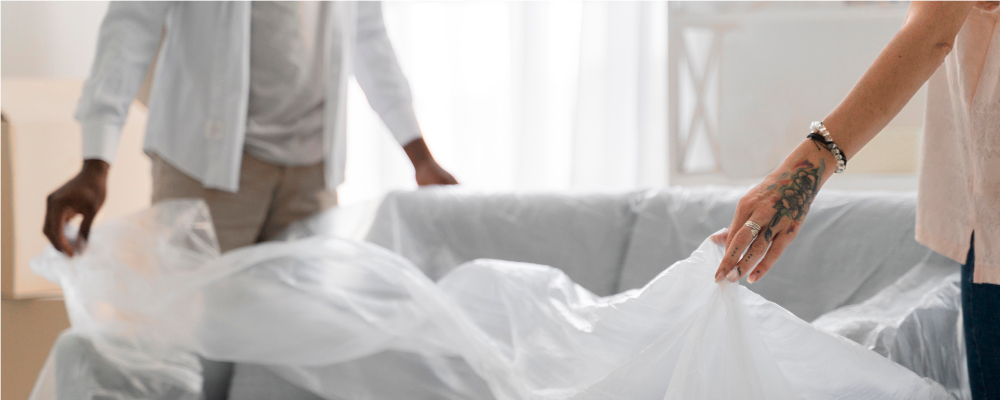 Two people wrapping a couch in a plastic dust cover