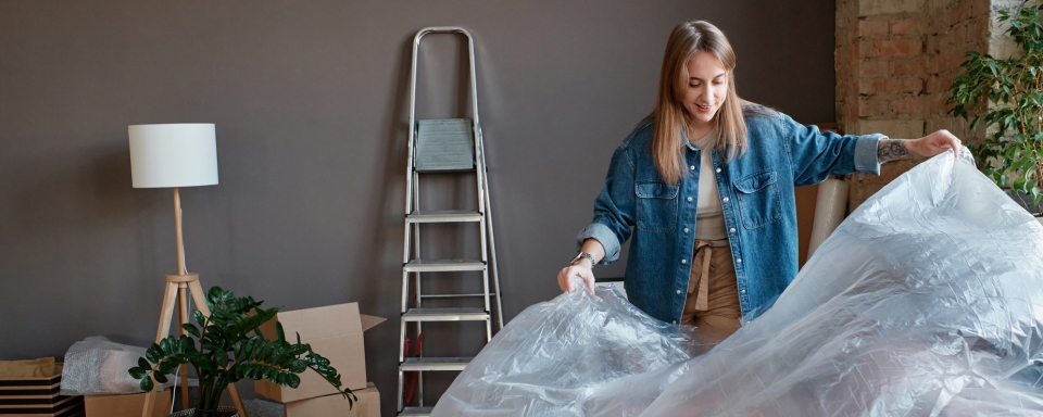 A woman on holiday, covering up a piece of furniture with a dust sheet, while renovations are happening in the background.