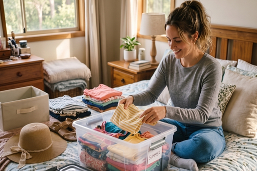women packing clothing into storage box