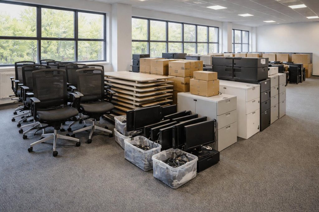 Office furniture ready for storage.