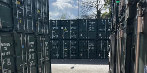 A series of outdoor container storage units available at Louth Self Storage.