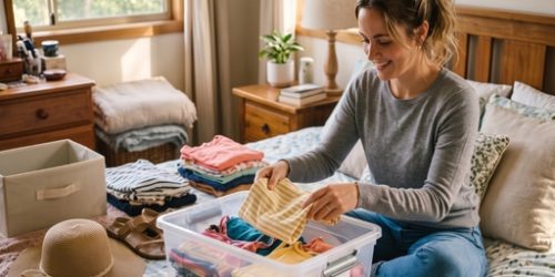 women packing clothing into storage box
